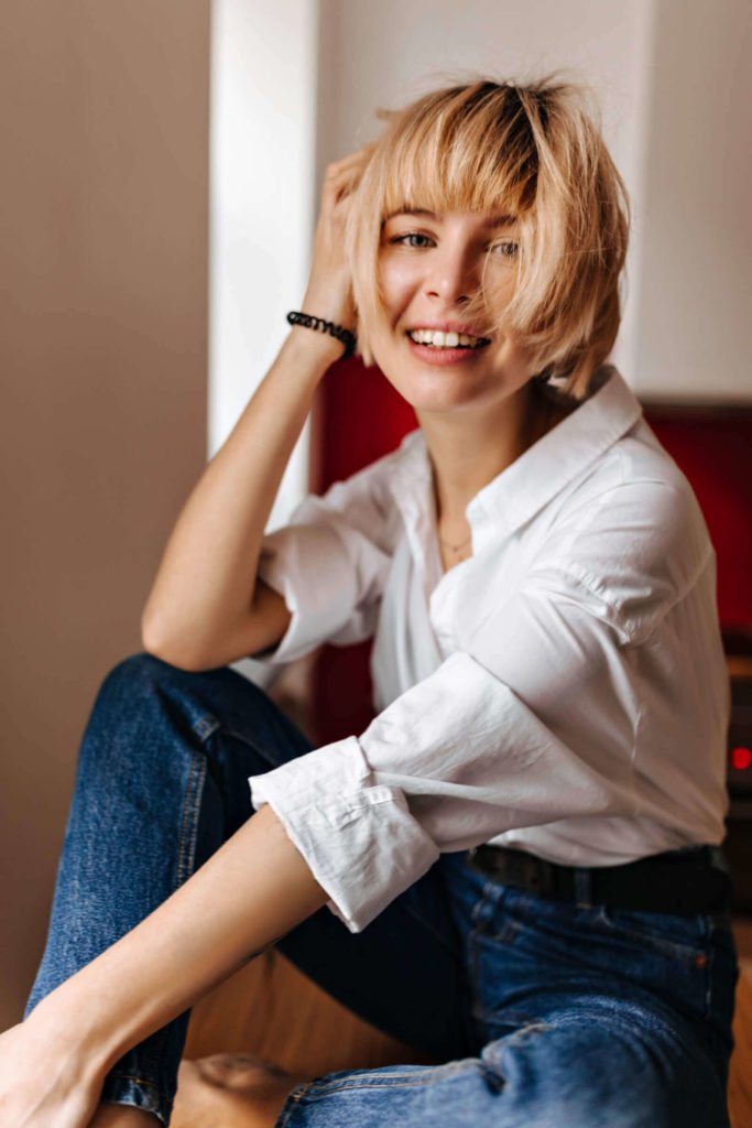 a woman sitting on a chair