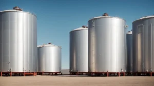 a row of large, industrial bulk fuel storage tanks under a clear sky at a remote facility.