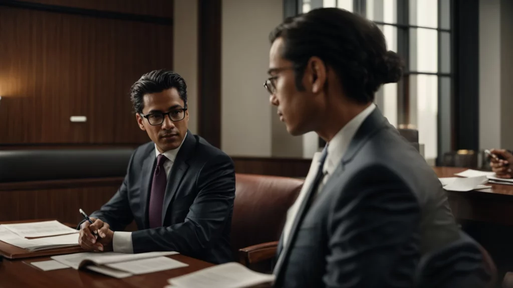 a lawyer and client sit opposite each other at a table, discussing documents in a well-lit office.