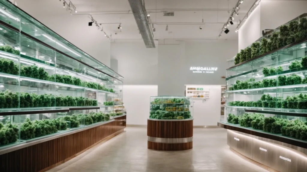 a wide-angle view of a well-lit cannabis dispensary with rows of glass display cases showcasing various cannabis products.