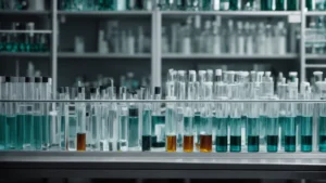 a laboratory setup with vials and pipettes on a bench, highlighting a sterile environment for chemical research.