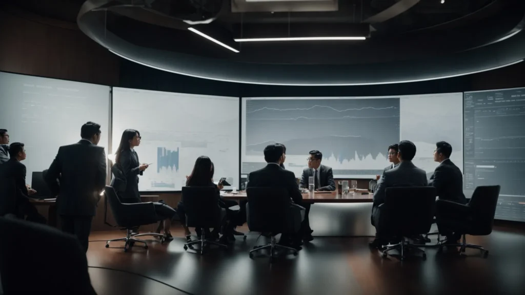 a group of professionals gathered around a large screen displaying charts and graphs during a strategy meeting.