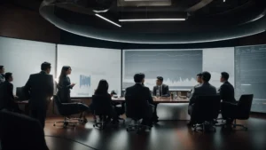 a group of professionals gathered around a large screen displaying charts and graphs during a strategy meeting.