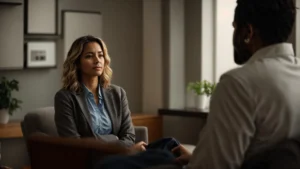 a compassionate therapist attentively listens to a patient in a warm, welcoming office environment, symbolizing hope and transformation in mental health care.