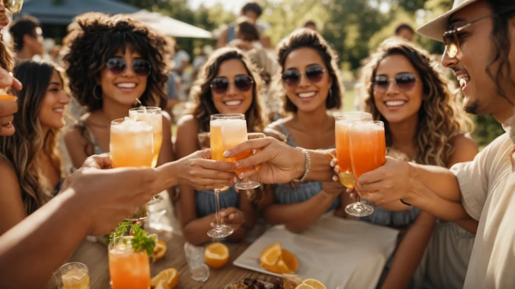 a group of friends cheers with their sparkling glasses of infused seltzers at a sunny outdoor gathering.