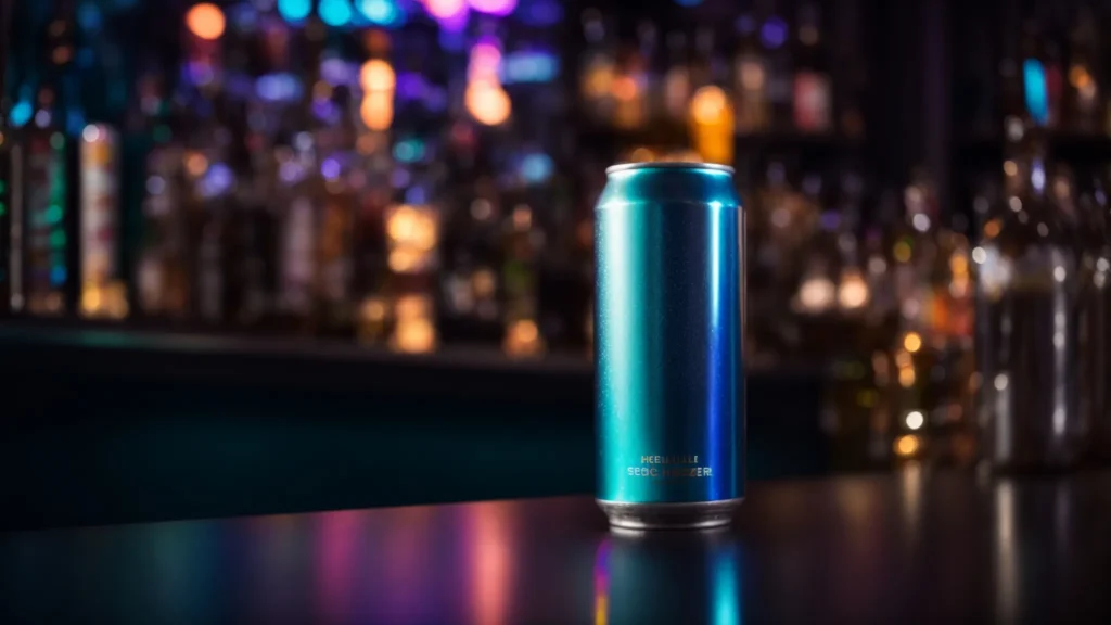a sleek can of thc-infused seltzer sits on a modern, illuminated bar top, exuding a vibrant, futuristic vibe.