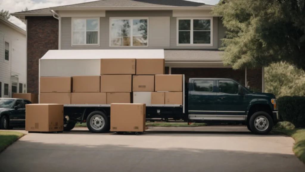 a moving truck parked in front of a suburban house with cardboard boxes stacked inside.