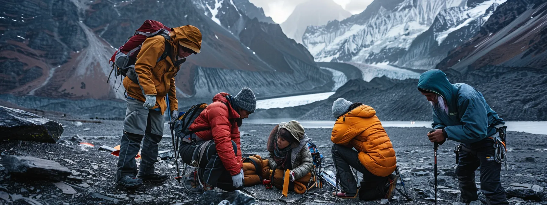 a group of hikers tying their gear to an anchor before setting off on the annapurna circuit trek in nepal.