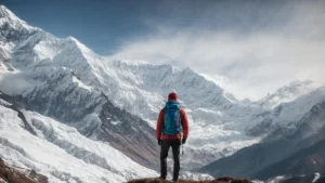 a hiker with a backpack standing on a trail admiring the panoramic view of the majestic snow-capped annapurna mountain range.
