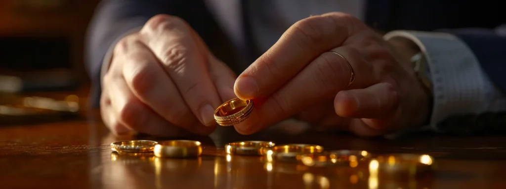 professional businessman examining different styles of gold wedding bands at just mens rings.