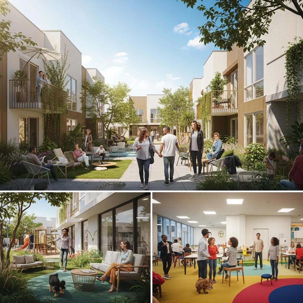 Diverse group of people in a modern Los Angeles housing community, emphasizing affordable living and healthy home design