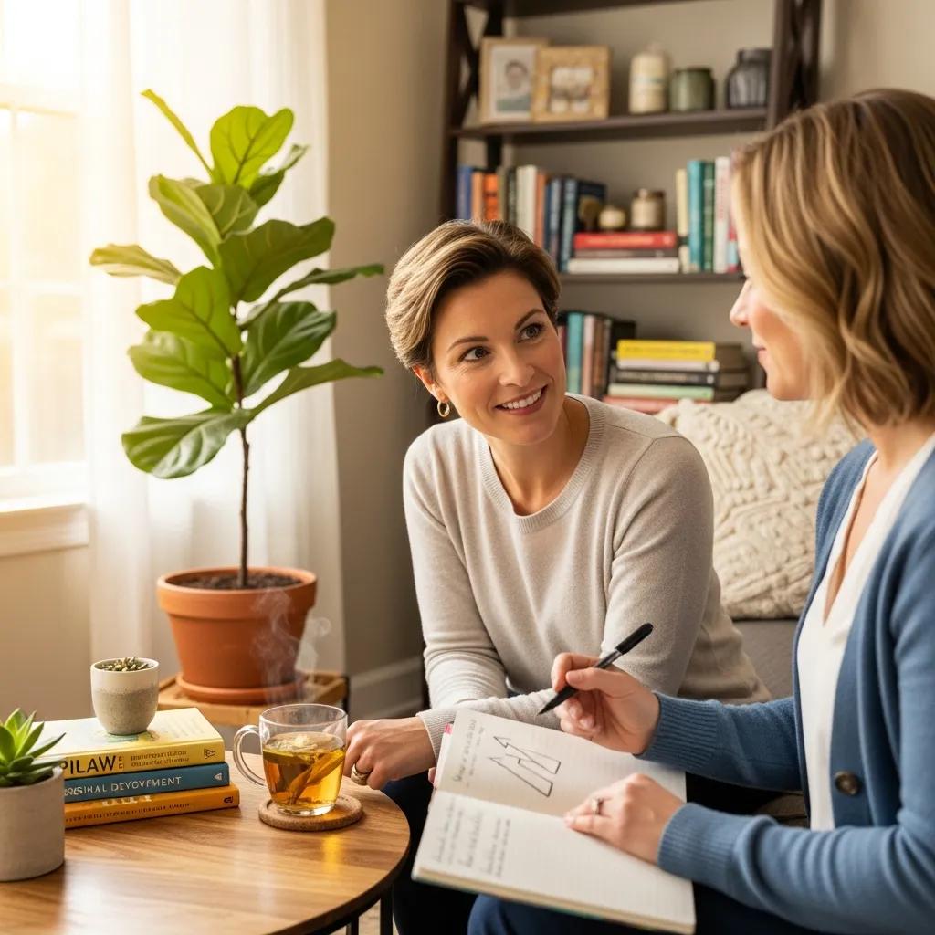 Lifestyle coach supporting a client in a cozy setting, symbolizing personal growth and transformation