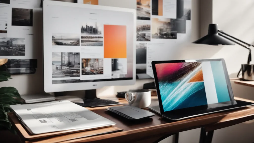 a sleek laptop with a vibrant website display on its screen sits on a modern desk, surrounded by design sketches and a cup of coffee.