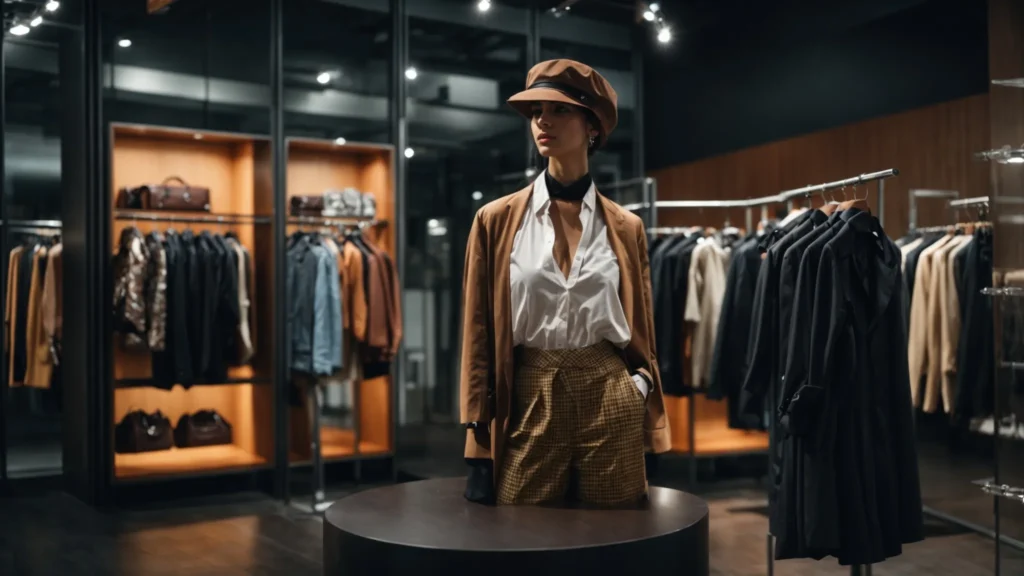 a modern, urban fashion display showcasing bold and innovative clothing designs.