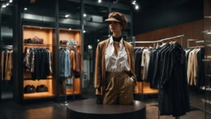 a modern, urban fashion display showcasing bold and innovative clothing designs.