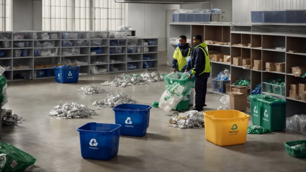 a team organizes recyclables and reusable items into separate bins in a large commercial space.